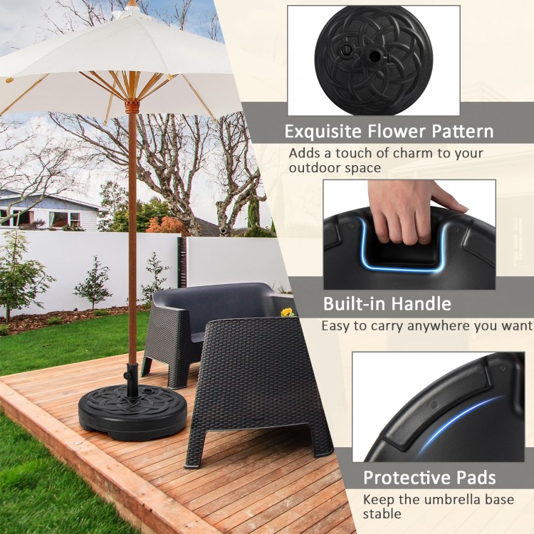 Heavy-duty 22-inch round patio umbrella base stand with built-in handle, protective pads, and fillable reservoir for.