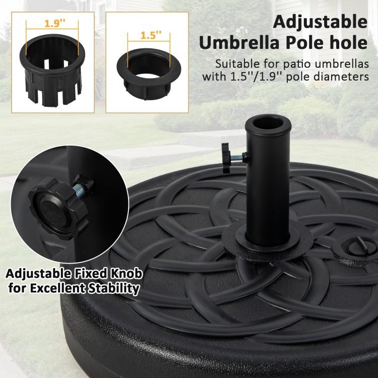 Heavy-duty 22-inch round patio umbrella base with adjustable pole hole, designed for stability and easy carrying.