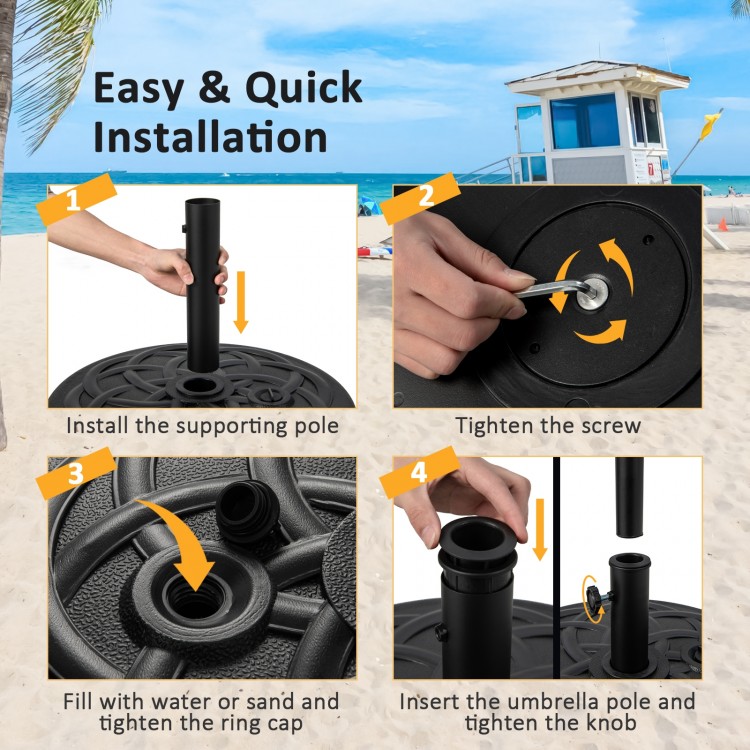 Heavy-duty 22-inch round patio umbrella base stand with fillable reservoir for stability, suitable for various outdoor.