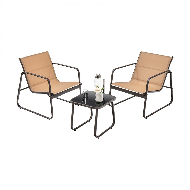Two brown patio chairs with ergonomic design and a glass-top table, perfect for backyard or poolside relaxation.
