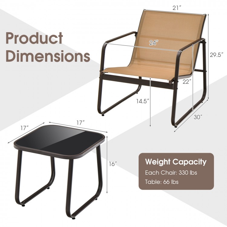 Patio conversation set featuring a breathable fabric chair and tempered glass tabletop, ideal for backyard relaxation.