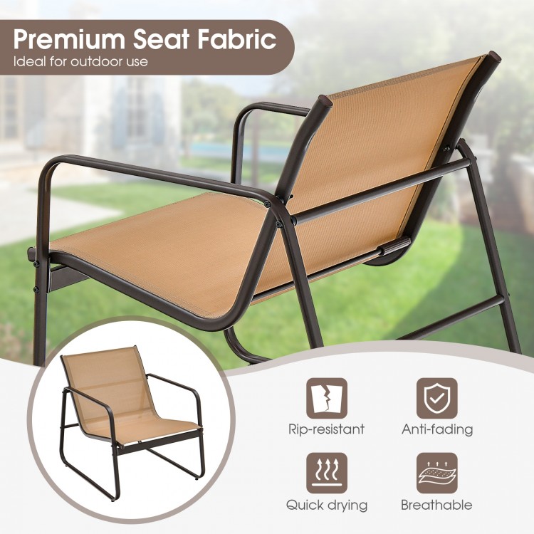 Patio chair with breathable fabric and ergonomic design, featuring a sturdy metal frame for outdoor relaxation.