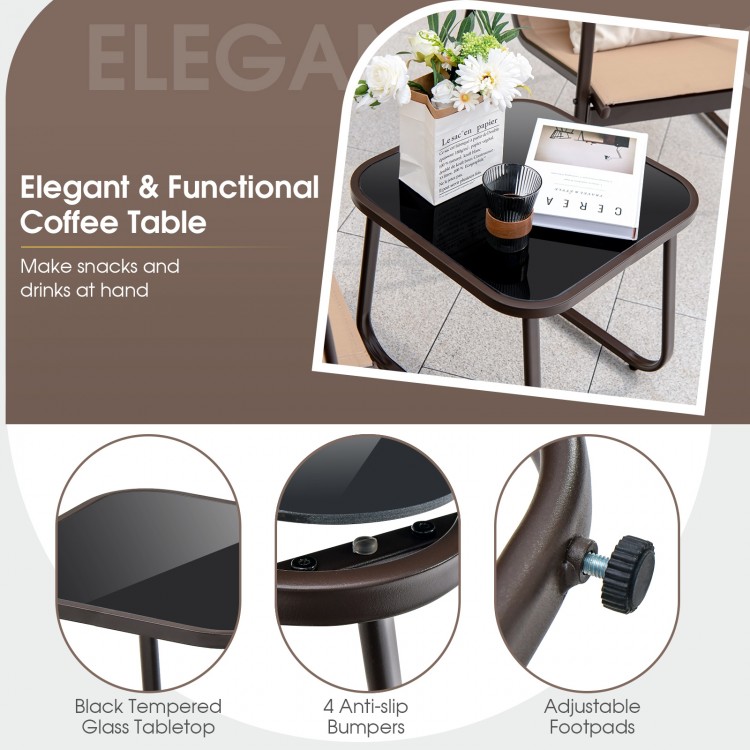 Elegant coffee table with black tempered glass tabletop and adjustable footpads, perfect for outdoor patio use.