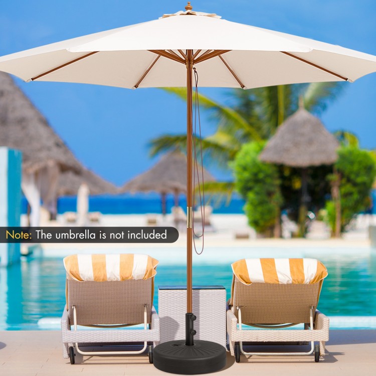 Fillable round umbrella base stand in black, designed for stability with a large reservoir, ideal for patio and.