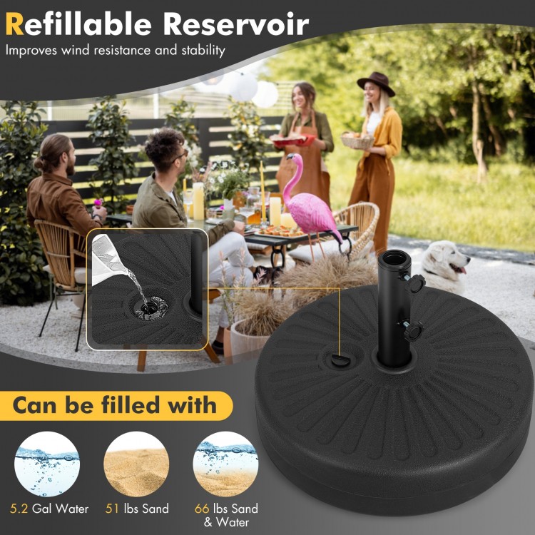 Fillable round umbrella base stand in black, 19.5 inches, designed for stability with sand or water for outdoor use.