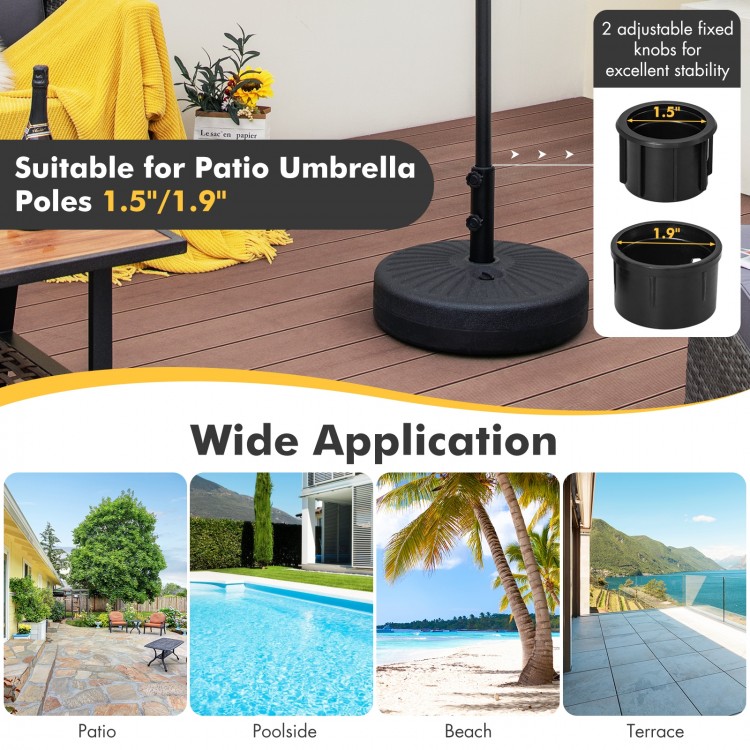 Fillable round umbrella base stand, 19.5 inches, black, designed for stability with 1.5"/1.9" pole compatibility.
