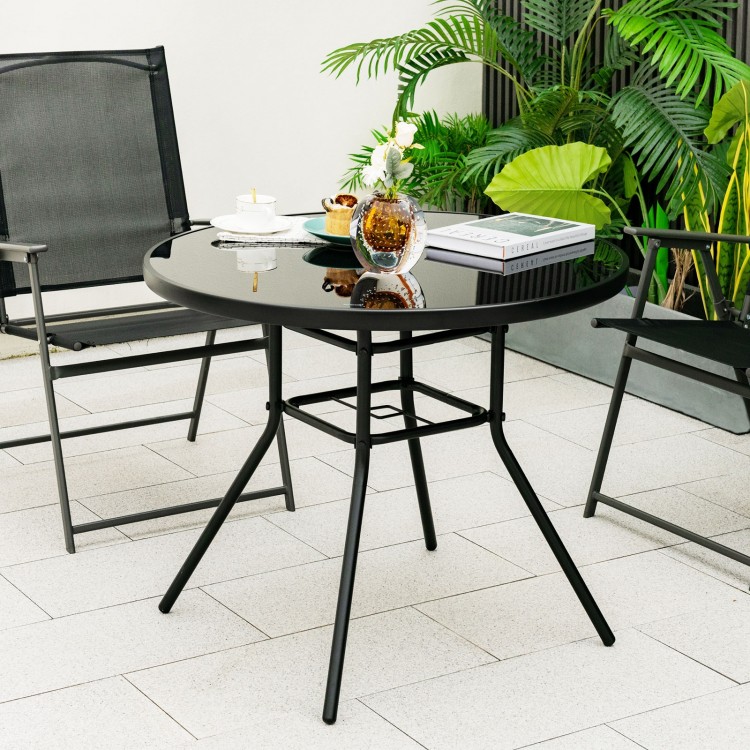 34-inch round patio dining table with tempered glass top and 1.5-inch umbrella hole, ideal for outdoor gatherings.
