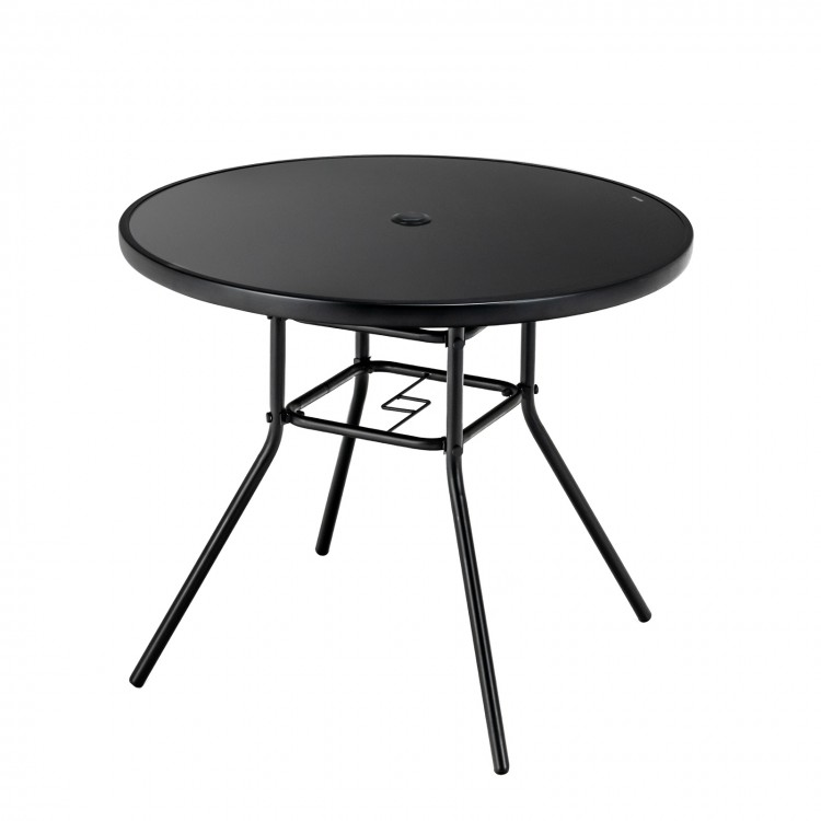 Round 34-inch patio dining table with tempered glass top and 1.5-inch umbrella hole, ideal for indoor and outdoor use.