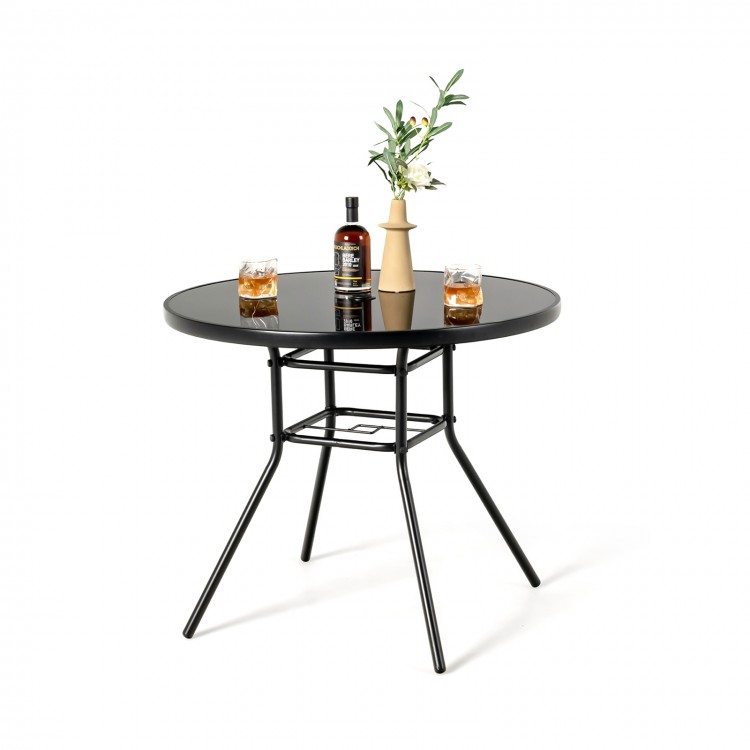 34-inch round patio dining table with tempered glass top, 1.5-inch umbrella hole, ideal for indoor and outdoor use.