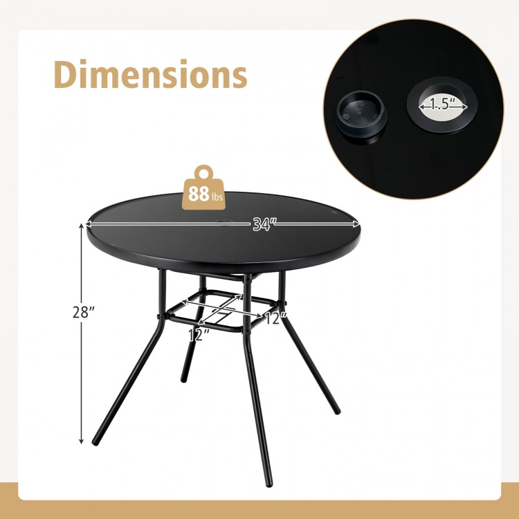 34-inch round patio dining table with tempered glass top, 1.5-inch umbrella hole, and reinforced metal frame for.