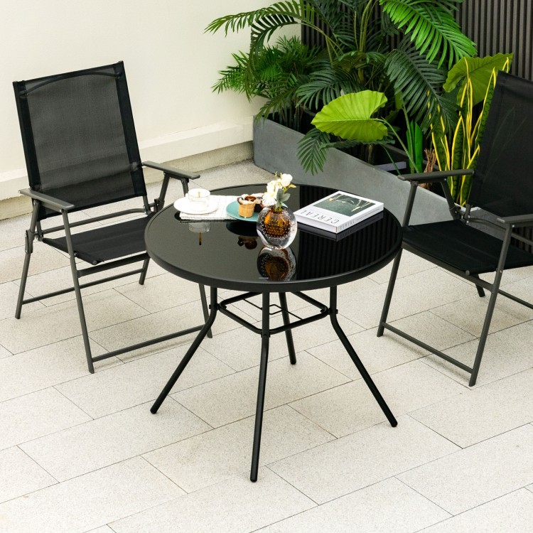 34-inch round patio dining table with tempered glass top and umbrella hole, ideal for outdoor gatherings.