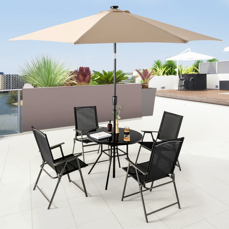 34" round patio dining table with tempered glass top, accommodating 4 people, featuring a 1.5" umbrella hole for.