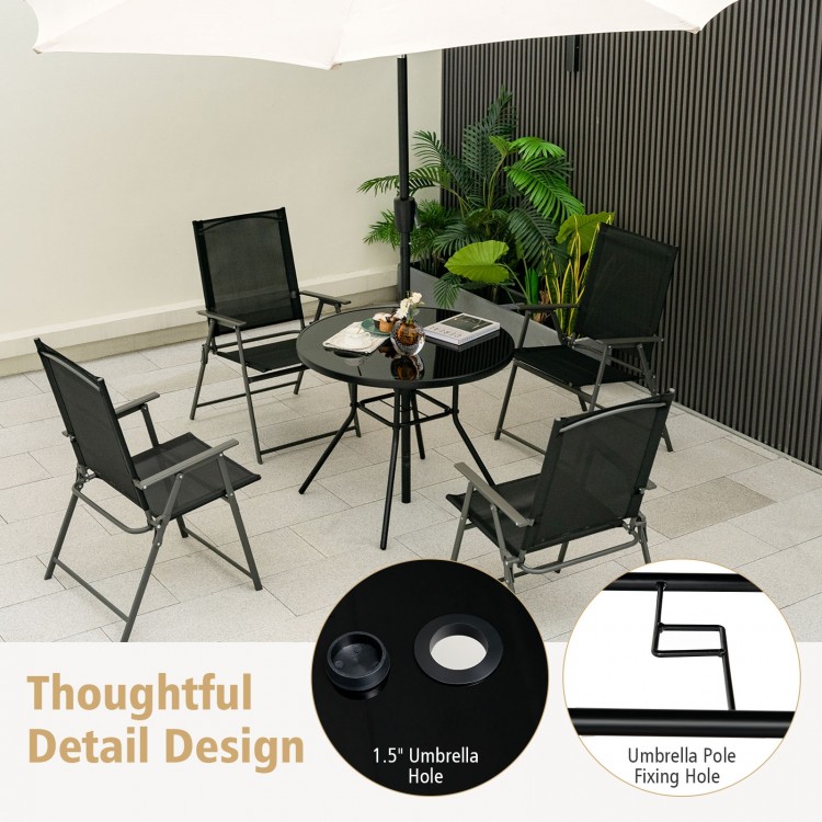 34-inch round patio dining table with a 1.5-inch umbrella hole, featuring a tempered glass top and sturdy metal frame.