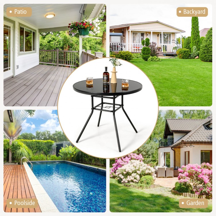 34-inch round patio dining table with black tempered glass top, designed for stability with a 1.5-inch umbrella hole.