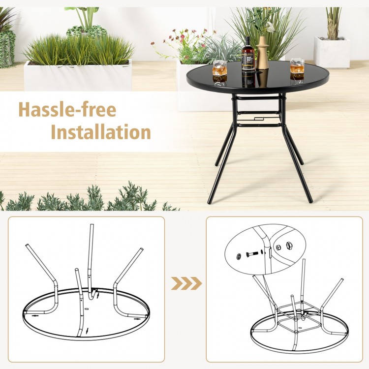 34-inch round patio dining table with tempered glass top and 1.5-inch umbrella hole, ideal for indoor and outdoor use.