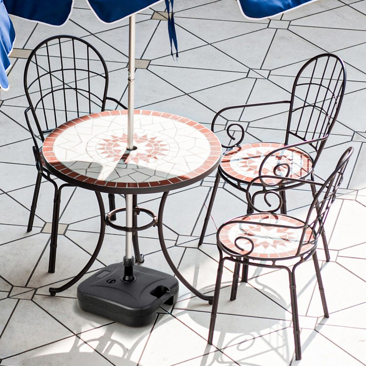 Fillable black patio umbrella base with handle, designed for 1.5-inch poles, ideal for stability in outdoor settings.