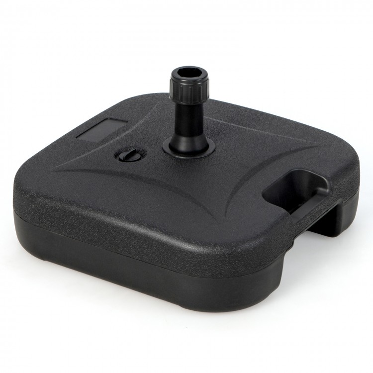 Fillable black patio umbrella base with handle, designed for 1.5-inch poles, made of durable HDPE for stability.