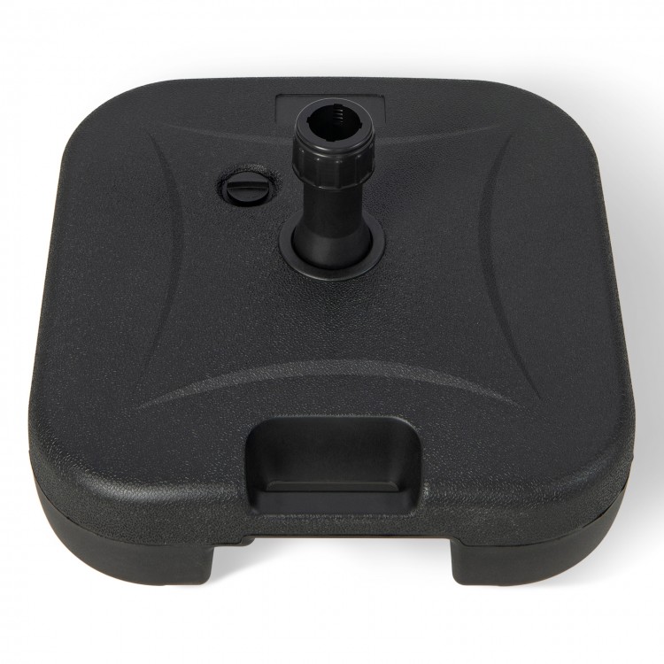 Fillable patio umbrella base in black, designed for 1.5-inch poles, made of durable HDPE, ideal for outdoor stability.