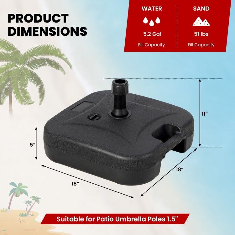 Fillable black patio umbrella base with handle, holds 5.2 gallons of water or 51 lbs of sand, for 1.5-inch poles.