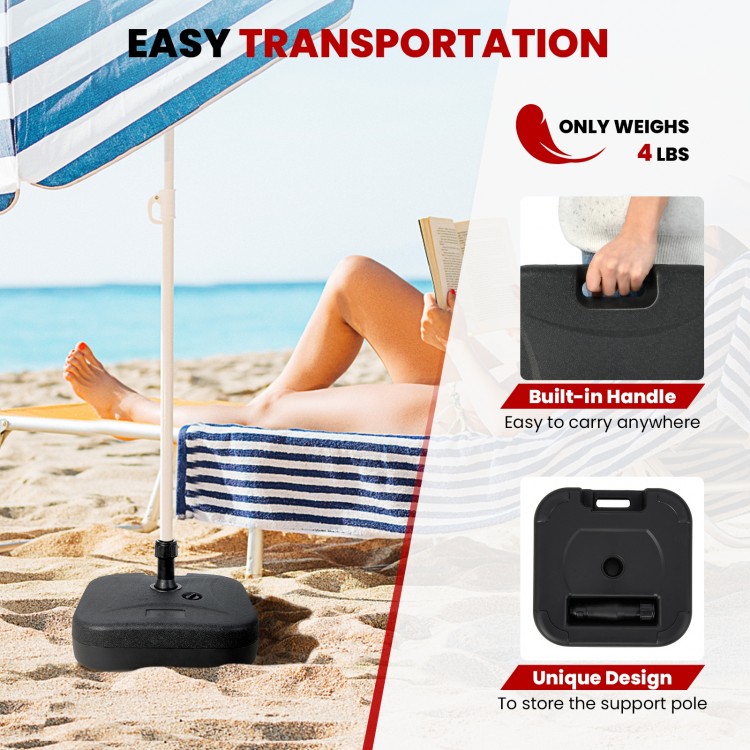 Fillable black patio umbrella base with handle, designed for 1.5-inch poles, lightweight at 4 lbs, ideal for outdoor.