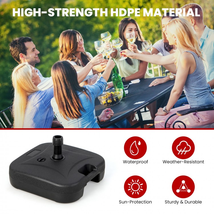 Fillable patio umbrella base in black, made of high-strength HDPE, waterproof and durable, ideal for outdoor stability.