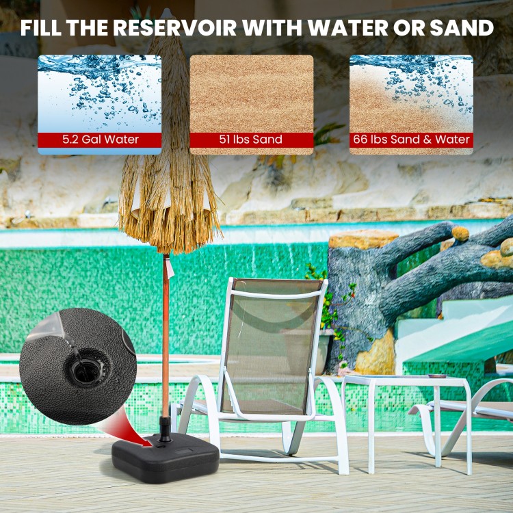 Fillable black patio umbrella base with handle, designed for 1.5-inch poles, filled with water or sand for stability.