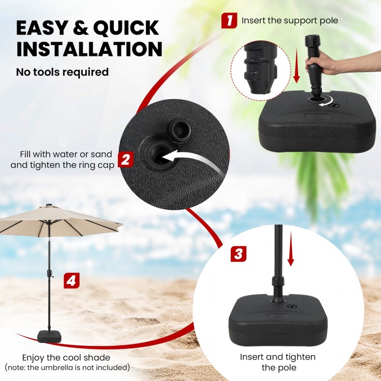 Fillable patio umbrella base with handle, made of HDPE, designed for 1.5-inch poles, ideal for outdoor stability.