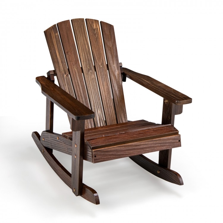 Adirondack rocking chair made of fir wood with a slatted seat, perfect for outdoor relaxation and durability.