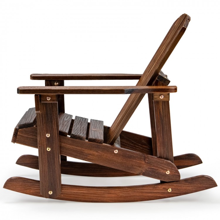 Side view of the Outdoor Wooden Kid Adirondack Rocking Chair in coffee finish, featuring a slatted seat for comfort.