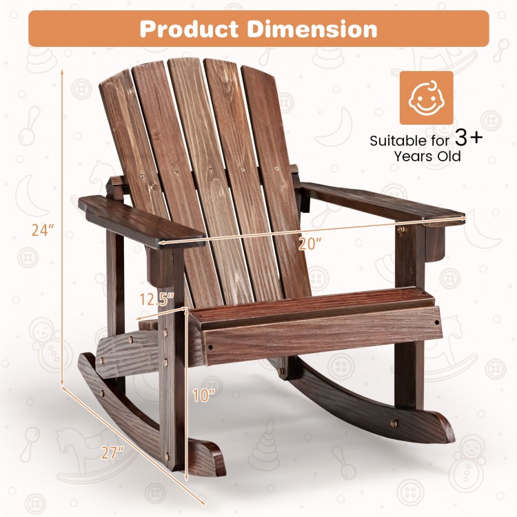 Outdoor wooden kid Adirondack rocking chair with slatted seat, made from fir wood, suitable for ages 3+, dimensions.