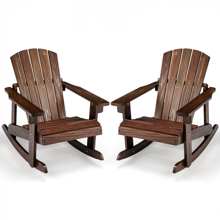 Two outdoor wooden kid Adirondack rocking chairs with slatted seats in coffee color, perfect for relaxing in your.