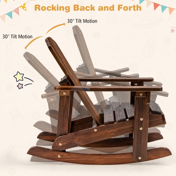 Side view of the Outdoor Wooden Kid Adirondack Rocking Chair, featuring a slatted seat and 30° tilt motion for.