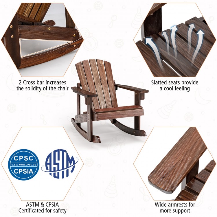 Outdoor wooden kid Adirondack rocking chair with slatted seat, made from fir wood, perfect for outdoor relaxation.