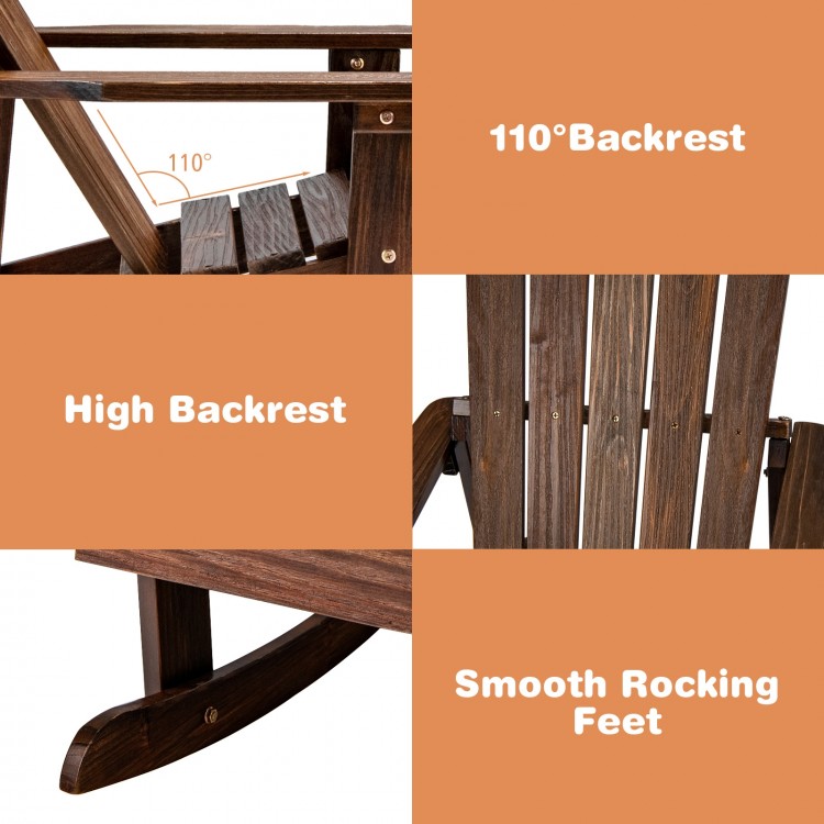 Close-up of the Outdoor Wooden Kid Adirondack Rocking Chair showing the high backrest and smooth rocking feet for.