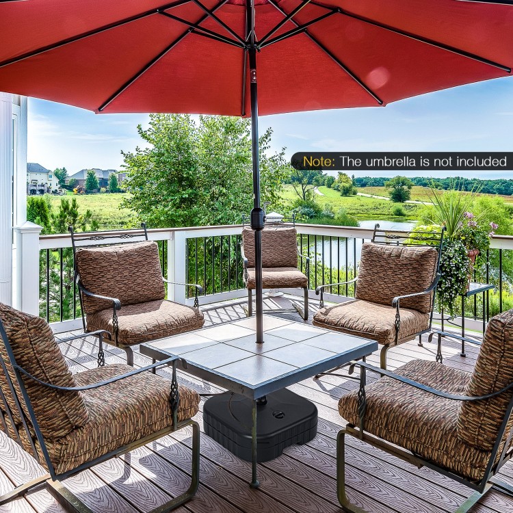 Black patio fillable umbrella base designed for 1.5-inch poles, ideal for stability at poolside or garden settings.