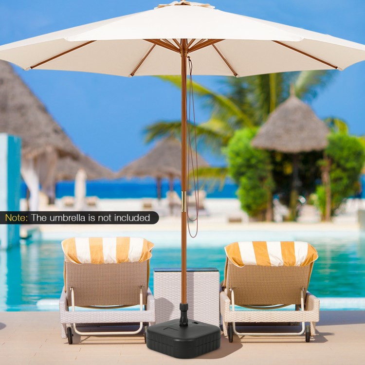 Black patio fillable umbrella base designed for 1.5-inch poles, ideal for poolside stability and easy transport.