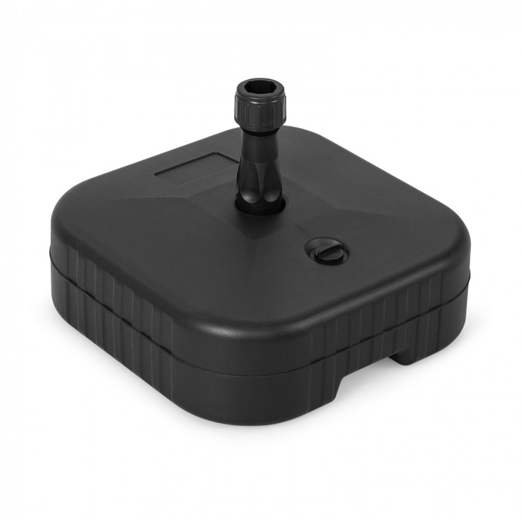 Black patio fillable umbrella base designed for 1.5-inch poles, made of durable HDPE, ideal for outdoor stability.