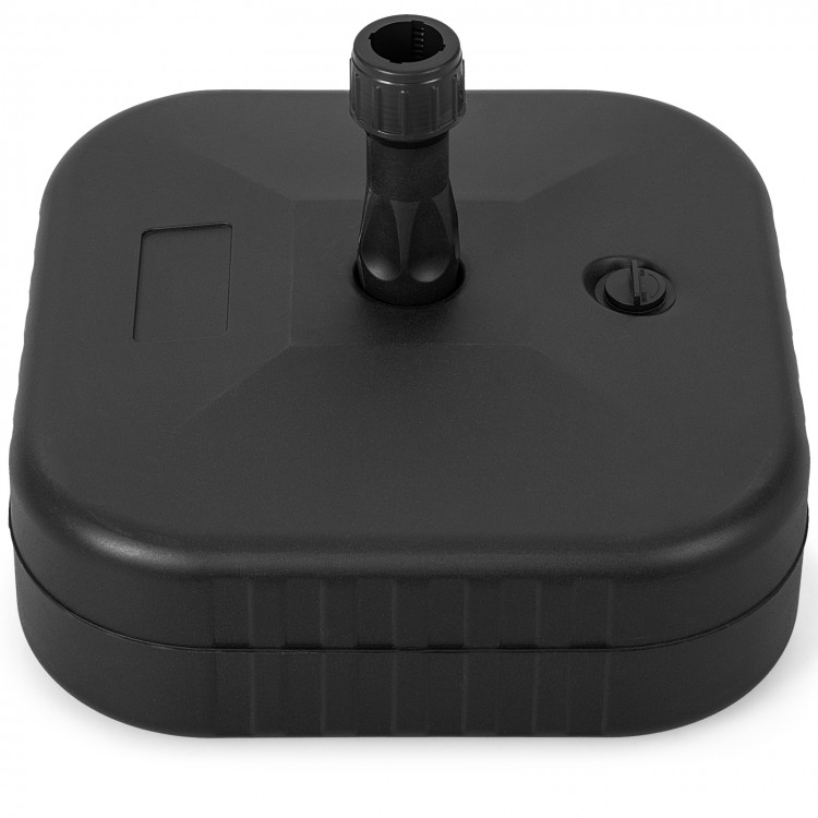 Black patio fillable umbrella base for 1.5-inch poles, made of HDPE, designed for stability at poolside or yard.