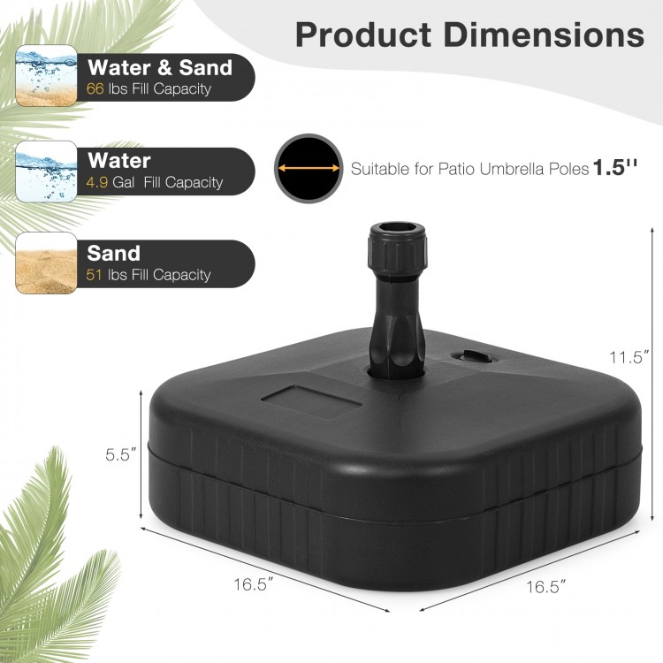 Patio fillable umbrella base in black, designed for 1.5-inch poles, holds water or sand for stability, ideal for.