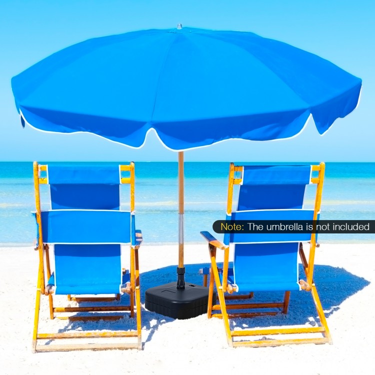 Black patio fillable umbrella base designed for 1.5-inch poles, ideal for stability at poolside or beach settings.