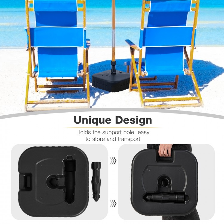 Patio fillable umbrella base in black, designed for 1.5-inch poles, easy to transport and store, ideal for outdoor use.