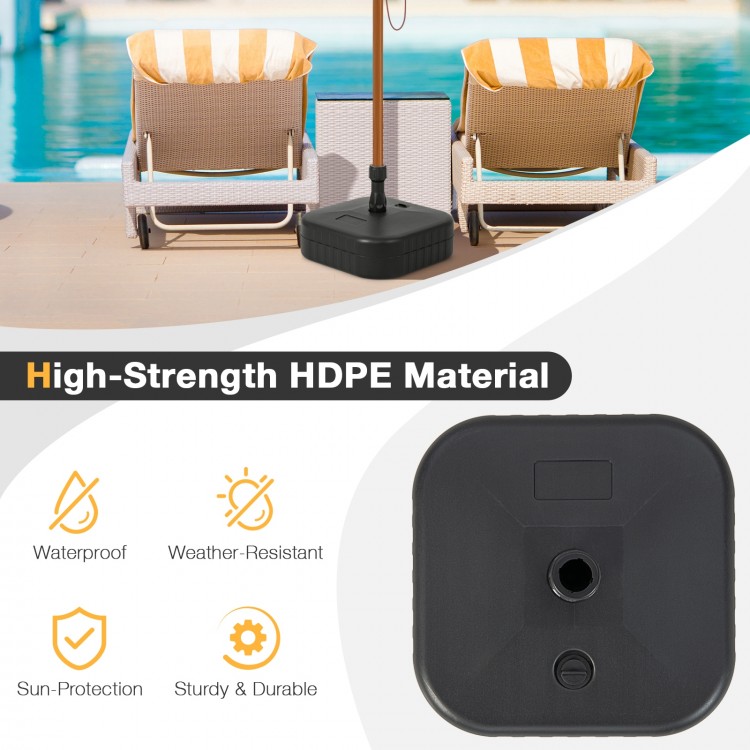 Patio fillable umbrella base in black, made of high-strength HDPE, designed for stability at poolside or yard.
