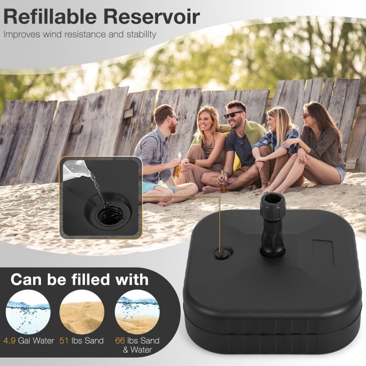 Patio fillable umbrella base in black, designed for 1.5-inch poles, featuring a large reservoir for stability.