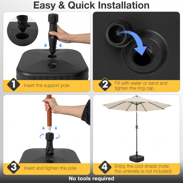 Patio fillable umbrella base in black, designed for 1.5-inch poles, easily filled with sand or water for stability.