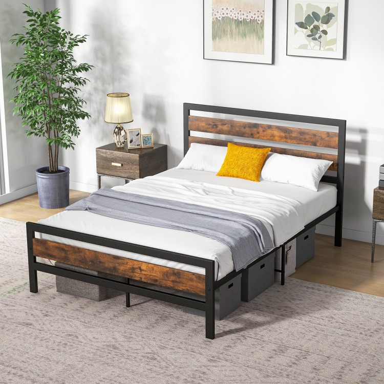 Full/Queen industrial bed frame with rustic headboard, featuring under-bed storage and noise-free slats for quiet sleep.