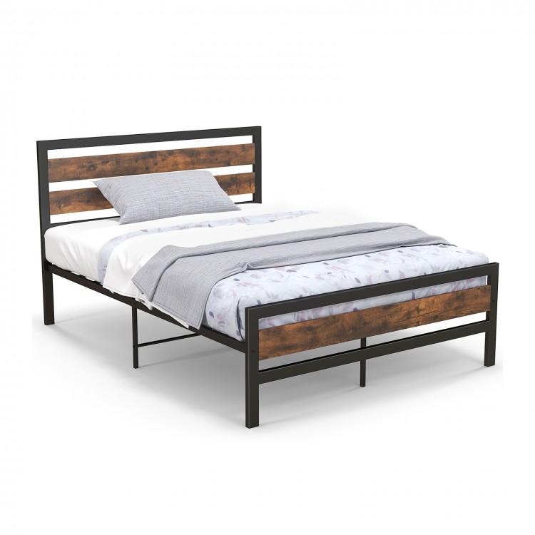 Full/Queen industrial bed frame with rustic headboard and footboard, featuring a noise-free design for quiet sleep.