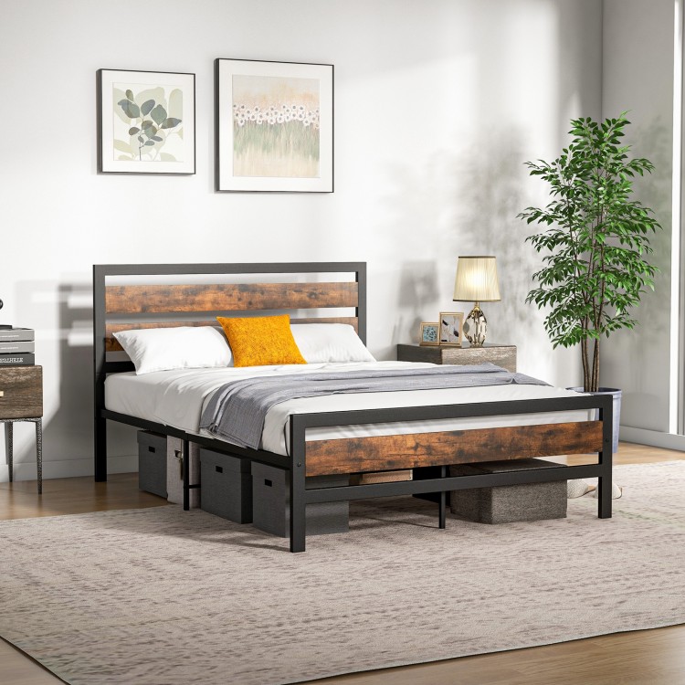 Full/Queen industrial bed frame with rustic headboard and footboard, featuring under-bed storage clearance and.