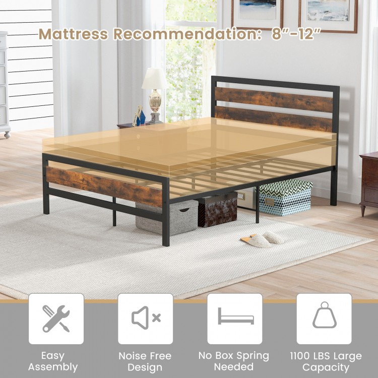 Full/Queen industrial bed frame with rustic headboard, noise-free design, and 12" under-bed clearance for storage.