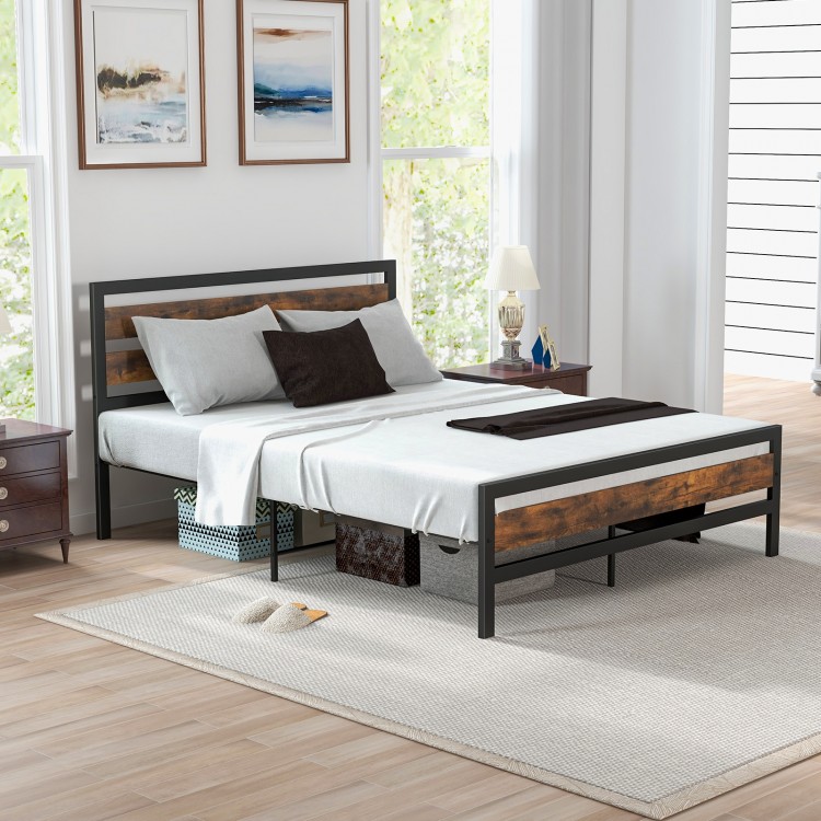 Full/Queen industrial bed frame with rustic headboard and footboard, featuring easy assembly and 12" under-bed.