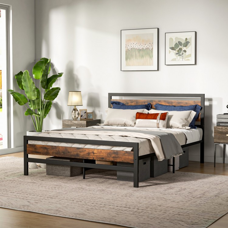 Queen size industrial bed frame with rustic headboard and footboard, featuring under-bed storage clearance and.